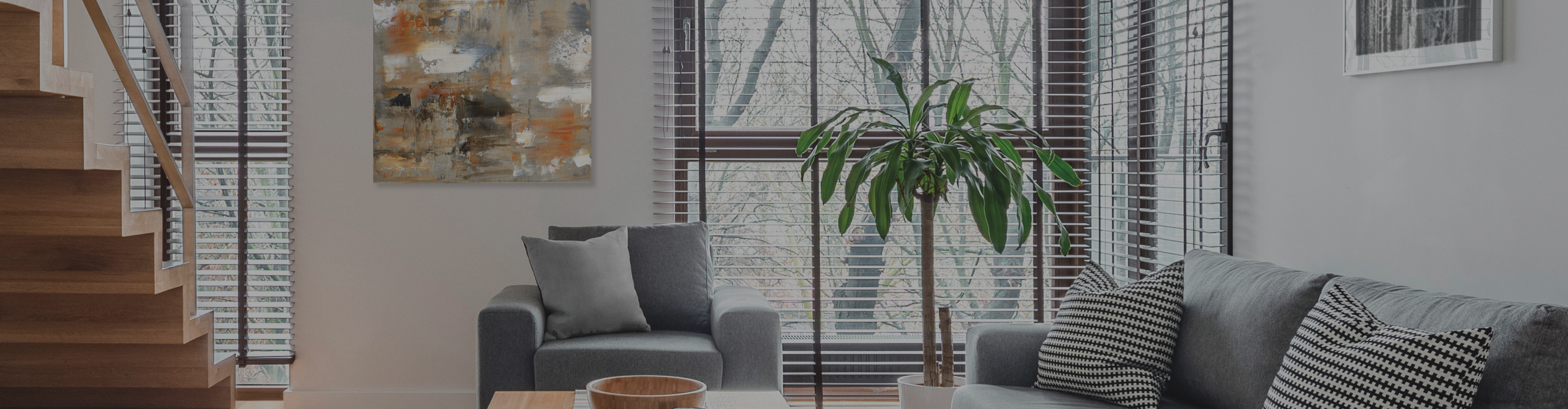 large window with blinds in a living room