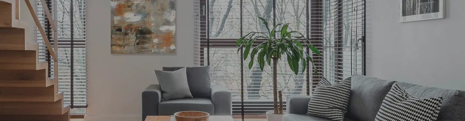 large window with blinds in a living room
