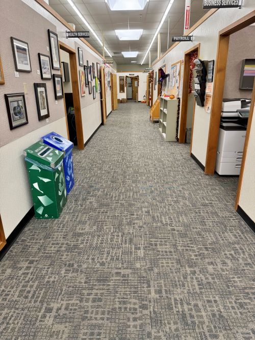 School office with commercial carpet tile flooring 